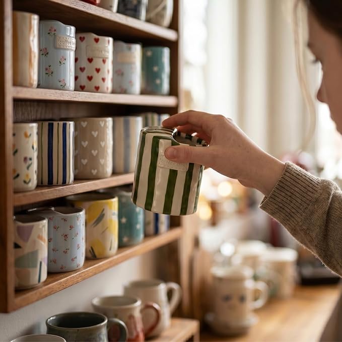 Ceramic Coffee Mug with Lid, Ceramic Travel Mug with Straw Hole, 12oz Retro Striped To Go Coffee Mug for Hot & Cold Drinks, Microwave & Dishwasher Safe，Green