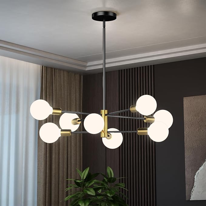 Modern Sputnik Chandelier, Ceiling Light Fixture Flush Mount 8-Light Black and Gold Chandeliers for Living Room Bedroom Dining Room Kitchen, Mid Century Chandeliers, E26 Base,(Bulbs Not Included)
