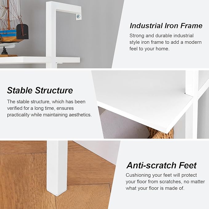 HOMISSUE Corner Bookshelf,12-Tier L Shaped Bookshelf, Double Wide Corner Wall Mount Bookcase with Metal Frame and Wood,Modern Industrial Corner Shelf for Living Room, Kitchen, Home Office White