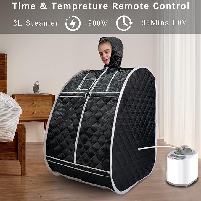 Smartmak Full Body Home Steam Sauna Kit, Portable Lightweight Personal Spa Saunas, 2L&900W Steam Generator with Protection & Remote Control, Foldable Chair Included for Relaxation-BlackGrey