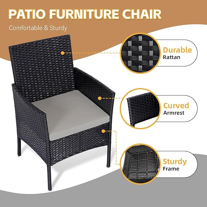 Patio Furniture Set 3 Pieces All-Weather Rattan Outdoor Furniture Patio Chairs with Tempered Glass Table for Porch Bistro Balcony Bistro Set(Black/Grey-2)