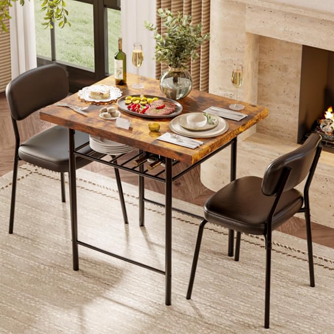 VINGLI Dining Table Set for 2, Small Kitchen Table Set with Upholstered Chairs, 3-Piece Dining Set with Storage Rack, Wood Dining Room Set with Metal Legs for Small Spaces, Living Room, Rustic Brown