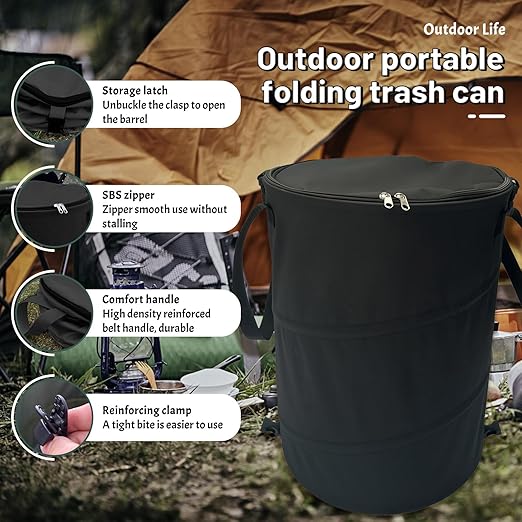 Pop up Camping Trash can with lid,Collapsible 24 Gallons Trash can with Sorting Clips,Garden Garbage Bag with Lid,Lawn and Leaf Bags - Reusable Yard Waste Bags (Black)