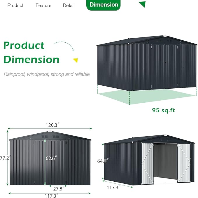 AECOJOY Shed 10'x10' Storage Shed, Large Metal Storage Sheds & Outdoor Clearance, Steel Backyard Shed with Lockable Doors, Utility and Tool Storage for Garden, Patio, Outside Use in Dark Grey