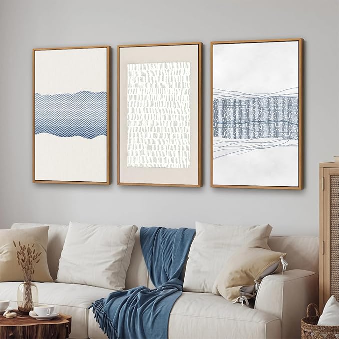 SIGNINART Large Abstract Framed Canvas Wall Art Set of 3, Minimalist Boho Line Art Prints, Modern Neutral Aesthetic Wall Decor, Blue and White Art Paintings for Living Room, Bedroom, Office 16"x24"
