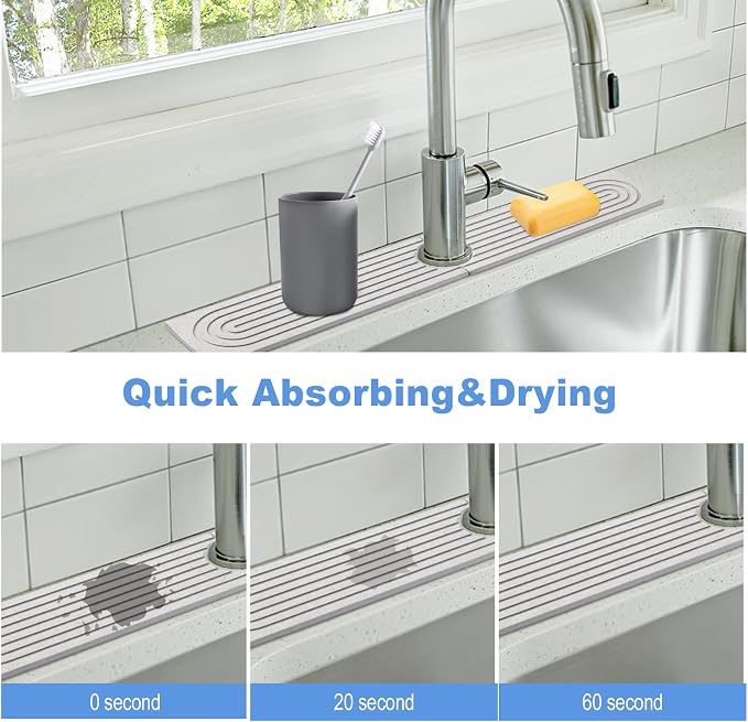 Stone Faucet Mat for Kitchen Sink,Super Water Absorbing, Gray, 23.6"x3.9" | Diatomite, Fast-Drying, Eco-Friendly, Faucet Splash Guard for Bathroom or Kitchen Counter