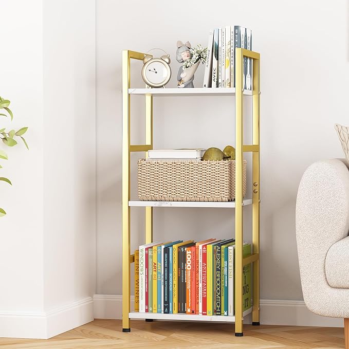 Bookshelf Storage Shelf Bookcase, 3 Tier Industrial Bookcase,Small Book case for Living Room, Bedroom, and Home Office, Easy Assembly Free Combination Multi-Functional Organizer(3 Tier,Gold)