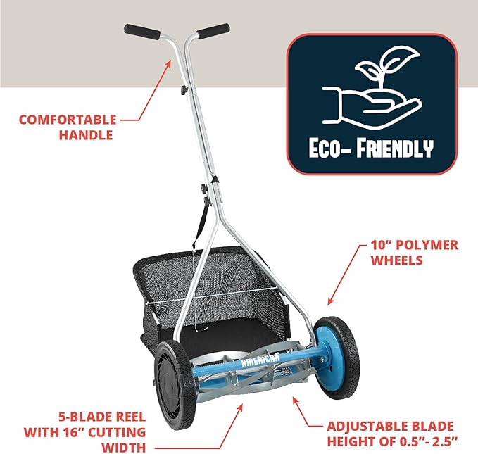 American Lawn Mower Company 1604-16 16-Inch 5-Blade Walk Behind Reel Mower with Grass Catcher