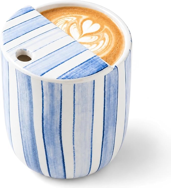 Ceramic Mug with Sip Hole 10 oz Novelty Blue Striped Ceramic Ice Coffee Mug Hand Painted Travel Mugs Heat Resistant Non Slip Built in One Lid Mugs for Coffee Lovers Appreciation Gift