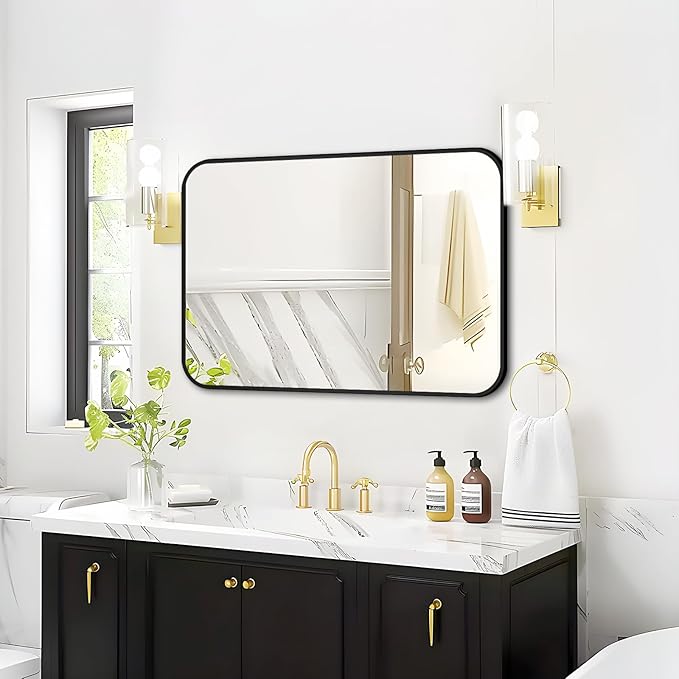 Fabuday Black Bathroom Mirror for Over Sink - 20x28 Rounded Rectangle Wall Mirror, Matte Metal Framed Vanity Rectangular Mirrors for Bedroom, Living Room, Entryway Decor, Horizontally/Vertically