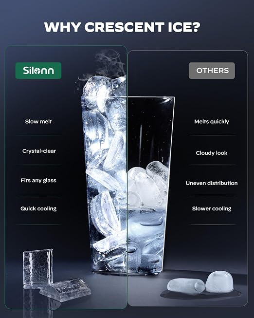 Silonn Crescent Ice Maker Countertop, Slow Melting & Crystal-Clear Ice, Self-Cleaning Ice Machine with Adjustable Ice Thickness & Timer Function, 16 Pcs in 15 Mins, 2000 Pcs per Day