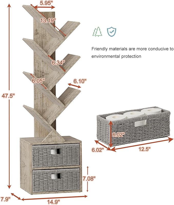 Vagusicc 6 Tier Tree Bookshelf, Modern Floor Standing Bookcase with Storage Drawer, Space Saving Storage Organizer Book Shelves for Books, Tall Wood Storage Rack for Bedroom/Living Room/Home Office