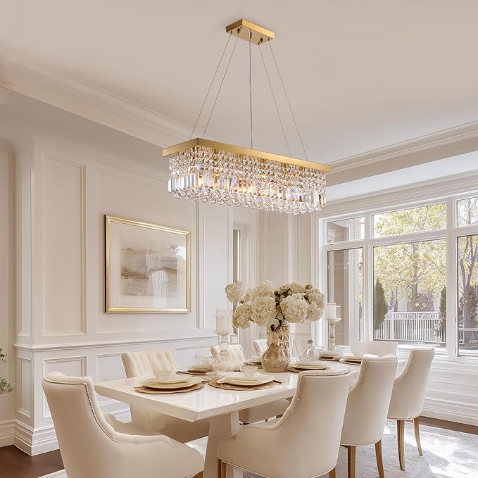 Modern Gold Crystal Chandelier,Rectangular K9 Crystal Raindrop Light Fixture,6 Light Rectangle Chandeliers for Dining Room Living Room Kitchen Island L31.5''xW10''xH10''