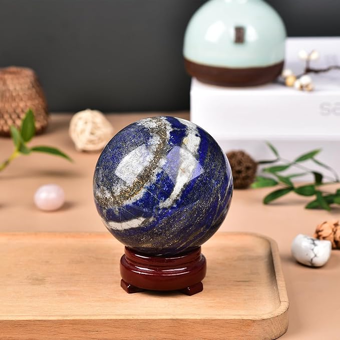 JIC Gem Lapis Lazuli Crystal Sphere with Wooden Stand,Decorative Crystal Ball Blues Gemstone Sphere for Meditation,Feng Shui,Witch-Style Decor,Office Table 70-80mm