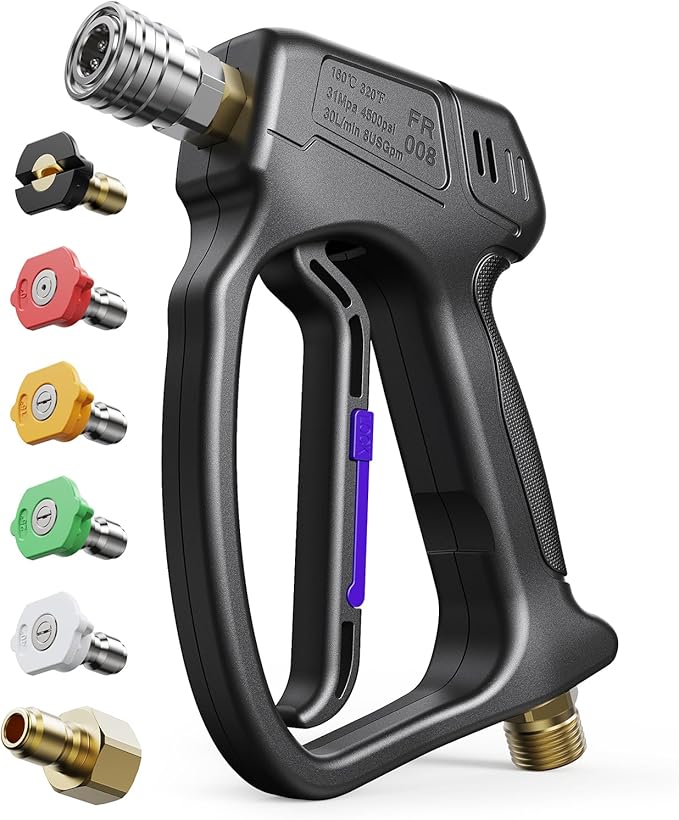 Short Pressure Washer Gun, High Pressure Washer Gun 4500 PSI M22-14mm & 3/8" Connect Car Accessories Car Washing Gun Car Detailing Kit with 5 Spray Nozzle, 1/4" Quick Connector Coupler for Foam Cannon