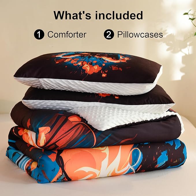 Video Game Twin Size Comforter Set for Boys Kids Teens Gamepad Gaming Controller and Fire Pattern Bedding Set- 3 Piece Quilt with 2 Pillowcases (68"x90")