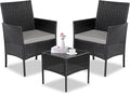 Patio Furniture Set 3 Pieces All-Weather Rattan Outdoor Furniture Patio Chairs with Tempered Glass Table for Porch Bistro Balcony Bistro Set(Black/Grey-3)