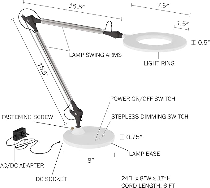 Lavish Home LED Desk Lamp - Swing Arm Architect Lamp - Adjustable Natural Sun Lighting for Home Office, Bedroom, or Dorm Room (White)