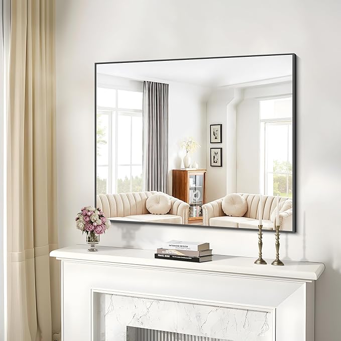 36x50inch Bathroom Mirror, Black Rectangle Mirrors with Thin Metal Frame, Large Rectangular Wall Mirror for Bathroom, Living Roomm, Hair Salon, Big Farmehouse Mirror Hang Horizontal/Vertical