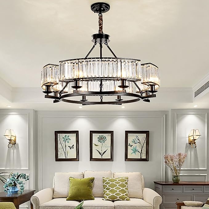 Farmhouse Crytal Chandeliers Dining Room Pendant Light Fixture Black Chandelier with K9 Crystal for Living Room Dining Room Foyer High Ceiling