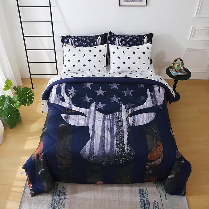 Boys Camo Deer Bedding Set Queen Size 7 Piece Bed in A Bag Camouflage American Flag Comforter Set for Kids Teens Men Super Soft All Season