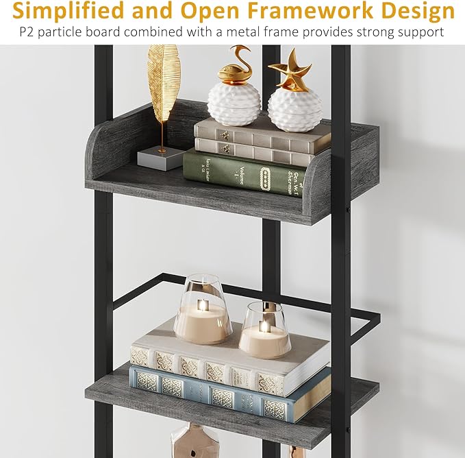 Bookshelf 5-Tier Book shelf - Narrow Wood Bookcase Tall Corner Book Shelves Storage Organizer Display Book Rack for Living Room Bedroom Office Home Grey