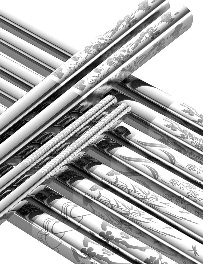 Metal Chopsticks Reusable 18/8 stainless steel Chopsticks 5 Pairs Classical Oriental Floral Dishwasher Safe Lightweight Non-Slip Chop Sticks 9 1/4 Inches Present Set