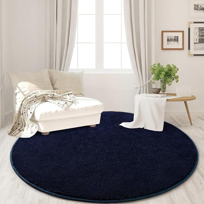 Round Area Rugs for Bedroom Living Room, 6x6 Navy Blue Super Soft Comfy Thickened Memory-Foam Indoor Circle Carpets, Modern Aesthetic Minimalist Carpet for Boys Girls Adults Nursery Home Décor
