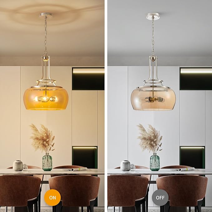 WUZUPS Nickel Chandelier Rustic Farmhouse Industrial Round Ceiling Pendant LED Light Fixture with Amber Glass Shade for Dining Room Kitchen Island Foyer Entryway, H 20.9" W 15.9", E26 Base