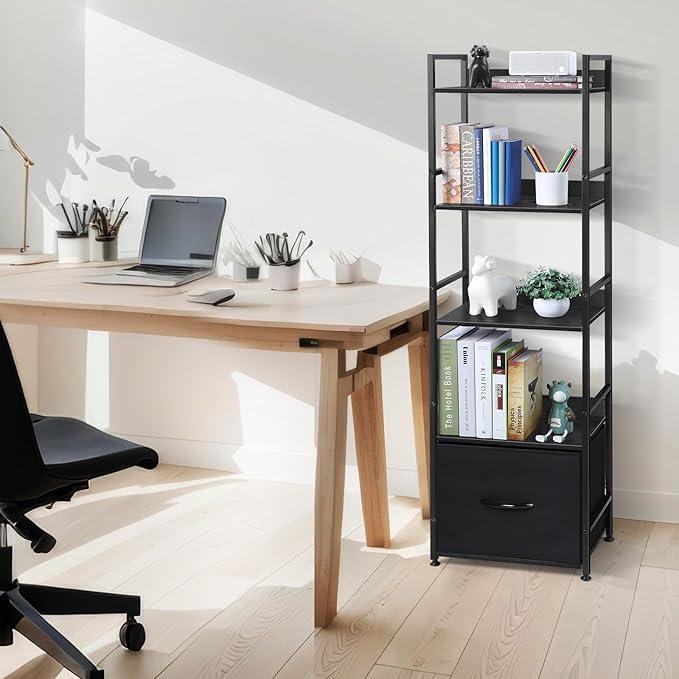 5 Tier Bookshelf with Storage, Bookcase with Drawers, Storage Shelves for Living Room / Home Office, Wood Shelves & Metal Shelf Organizer, Book Shelf for Bedroom, Tall & Ladder Bookshelf, Black