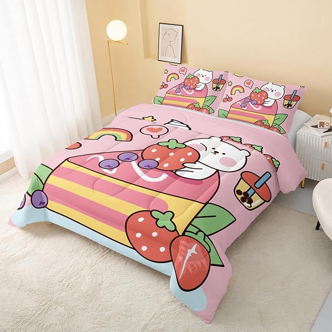 Kawaii Bear Comforter King,Pink Bear Comforter Set for Kids Teens Girls,3Pcs Bedding Set Printed Comforter with 2 Pillowcases,Down Alternative,Soft and Lightweight，King Size