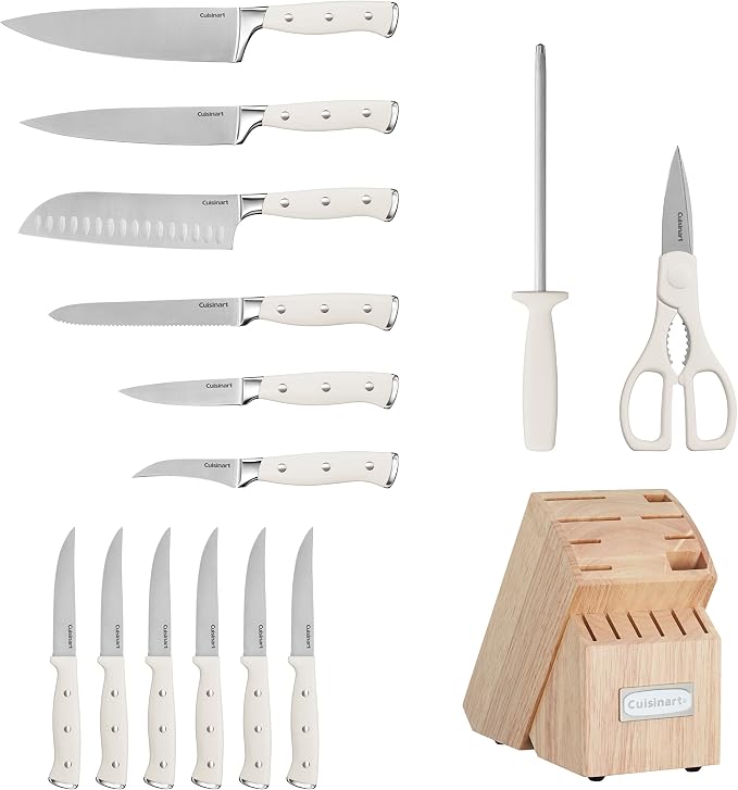 Cuisinart 15-Piece Knife Set with Block, High Carbon Stainless Steel, Forged Triple Rivet, Natural C77CTR-15P