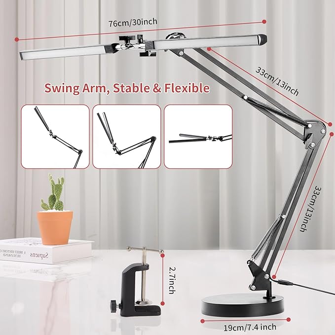 Double Swing Arm Bright LED Desk Light Adjustable Foldable Desk Lamp for Home Office, 3 Colors Lighting & Stepless Dimming Dimmable Table Desk Light for Work/Study/Craft