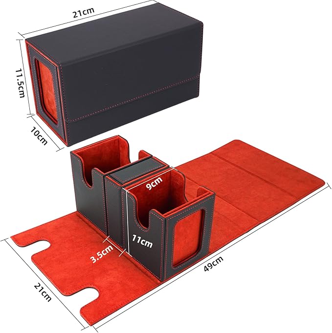 AFIING Mtg deck box with commander display- Fits 200 Double Sleeved Cards,3-in-1Card Deck Case,Strong Magnet Card Organizer For Magic Commander TCG CCG,4Dividers &2 Toploaders, Black/Red