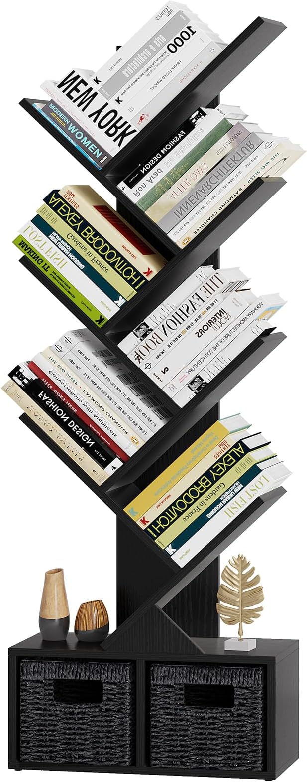Vagusicc 6 Tier Tree Bookshelf - Modern Shelf Floor Standing Bookcase with Baskets, Tall Wood Book Storage Rack for Books/CDs, Tree Utility Book Organizer Shelves for Living Room, Home Office, Bedroom