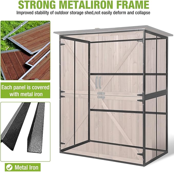 Outdoor Storage Shed Large Cabinet with Strong Metal Frame,Wooden Tool House with Adjustable Shelfs, House Garden Shed for Backyard Garden Patio Lawn