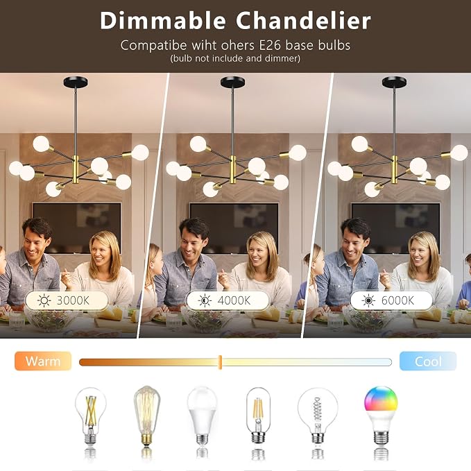 Modern Sputnik Chandelier, Ceiling Light Fixture Flush Mount 8-Light Black and Gold Chandeliers for Living Room Bedroom Dining Room Kitchen, Mid Century Chandeliers, E26 Base,(Bulbs Not Included)