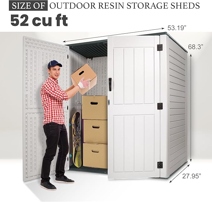 Outdoor Storage Cabinet, 52 Cu ft Resin Storage Box for Patio Garden Yard - Weatherproof Outdoor Storage Shed for Tools Pool Supplies - Lockable Vertical Storage Shed