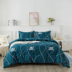 Blue Green Comforter Set Twin Size, 2 Pieces Modern Lines Pattern with Love, Soft Microfiber Bedding Comforter Set, Down Alternative Comforters for All Season (68 * 90’’)