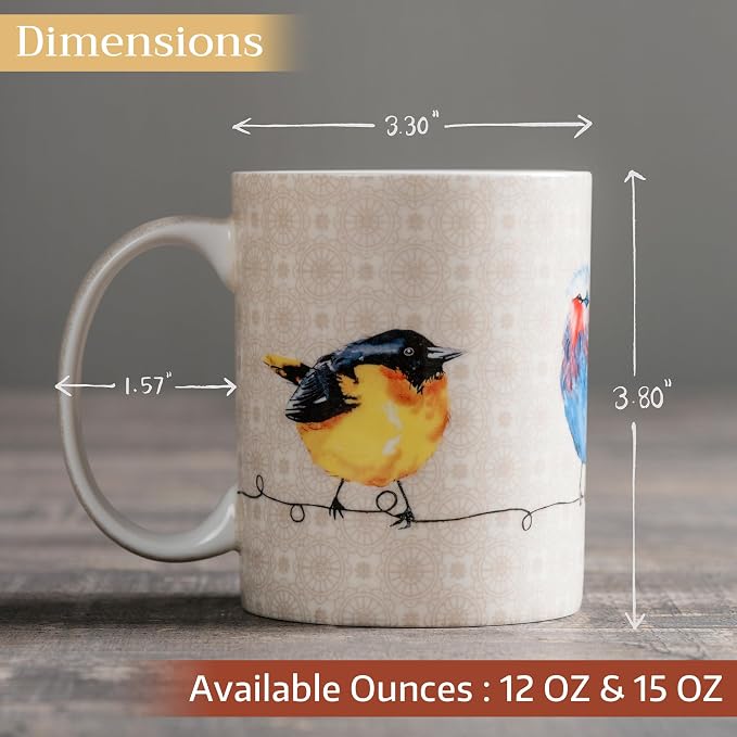 Maison d' Hermine Coffee Mug with Handles Tea Cups (15 Ounce, Pack of 1) | Fine Bone China Coffee Mugs for Hot Beverages Cappuccino Latte Home Restaurant Spring Summer -Birdies on Wire - Nuthatch