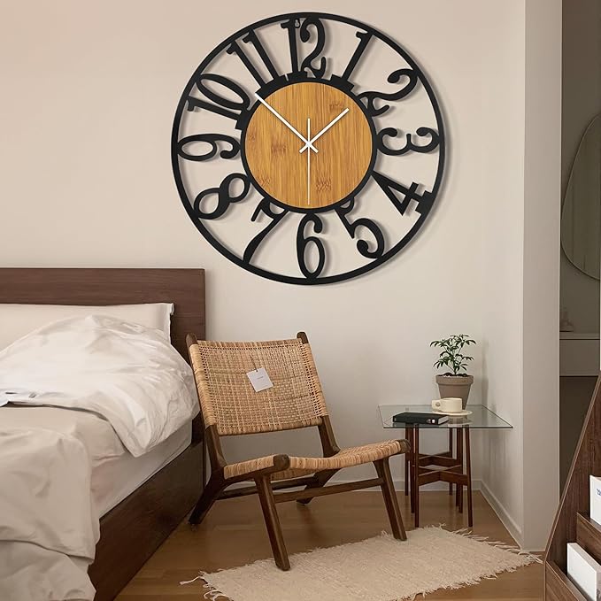LEIKE 32" Oversized Large Wall Clocks,Silent,Non Ticking,Battery Operated Modern Round Big Wood Decorative Metal Wall Clock for Living Room, Bedroom,Kitchen,Farmhouse,Office Decor - Black,32 Inch