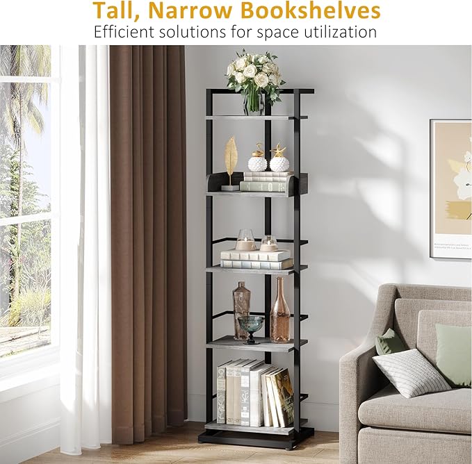Bookshelf 5-Tier Book shelf - Narrow Wood Bookcase Tall Corner Book Shelves Storage Organizer Display Book Rack for Living Room Bedroom Office Home Grey