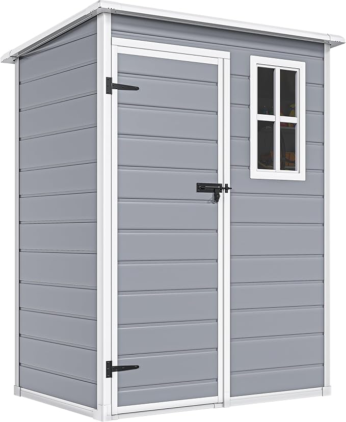 DWVO 5x3ft Resin Outdoor Storage Shed with Floor, Waterproof Lockable Storage Shed with Window, Plastic Outside Tool Storage for Garden, Backyard, Patio, Lawn, Gray