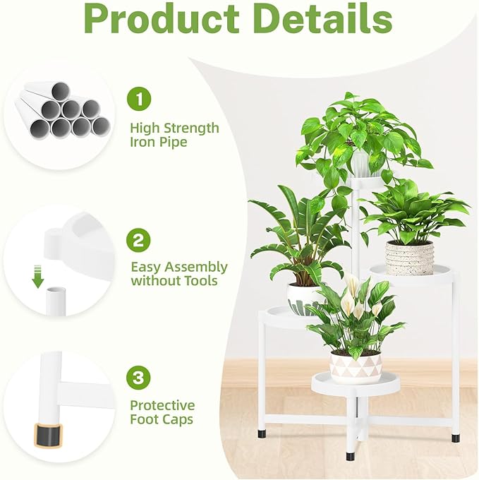 iDavosic.ly 4 Tier Folding Plant Stand Indoor Outdoor with Plastic Tray, Tiered Corner Flower Holder Shelf, Metal Orchid Display Rack for Patio Porch Living Room Garden Balcony, White