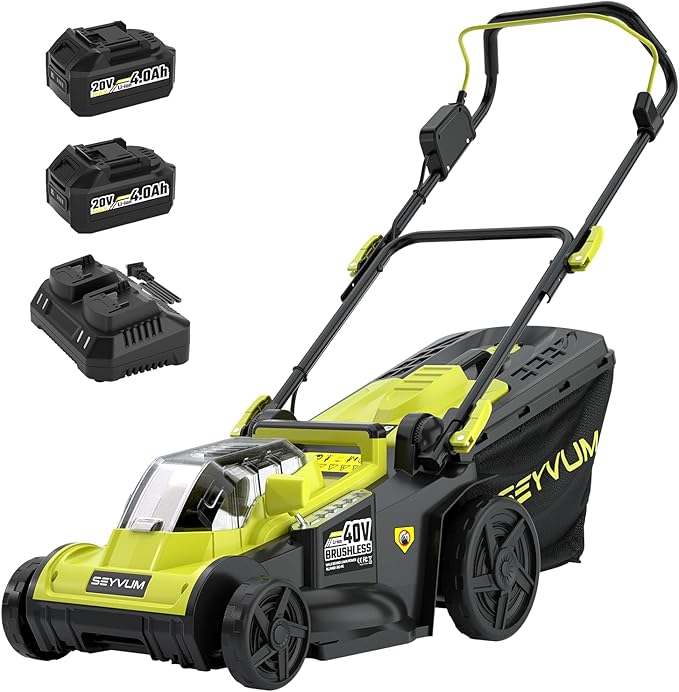 SEYVUM 40V 16-inch Cordless Lawn Mower with 45L Grass Collection Bag, 6 Position Height Adjustment Electric Lawn Mower, 20V 4.0Ah Battery Powered Push Lawnmower, 2.4A Fast Charger Included
