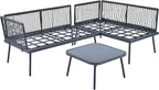 3-Piece Outdoor Patio Furniture PE Rattan Sofa Set, All Weather L-Shaped Sectional Couch with Removable Cushions and Glass Table, for Backyard Poolside Garden, Metal Frame, Onesize, Gray