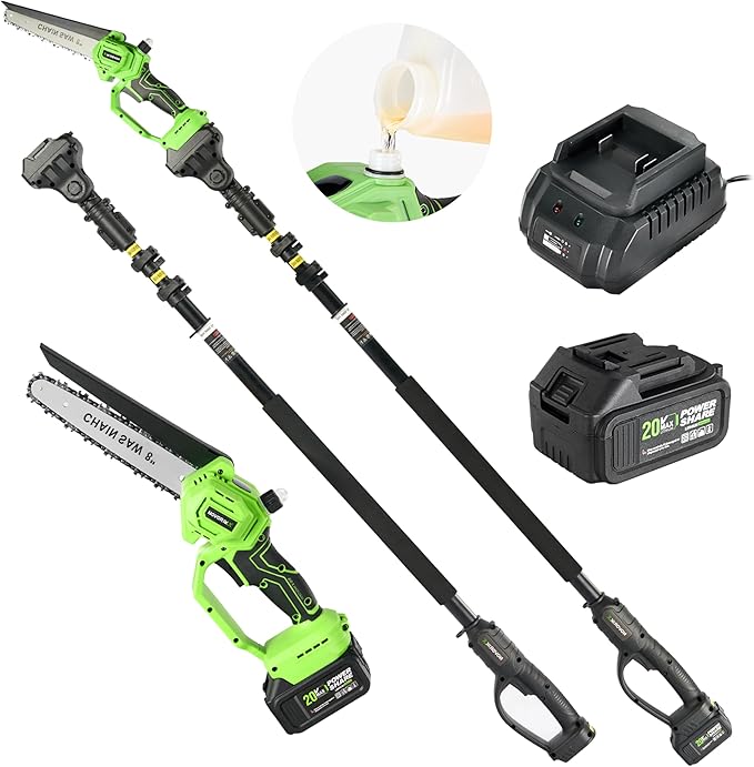 2-in-1 Cordless Pole Saw & Mini Chainsaw 20V 3.0AH 8-Inch 15FT Reach Electric Tree Trimmer Battery Powered Chainsaw with Extension Pole for Tree Trimming Branch Cutting Pruning