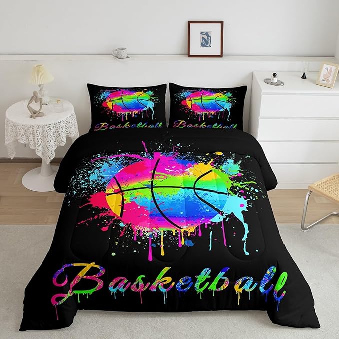 Feelyou Kids Basketball Comforter Set King Size Gaming Sports Bedding Set for Boys Girls Teens Bedroom Decor Ball Games Tie Dye Comforter Gift for Basketball Lover Duvet Set with 2 Pillow Case