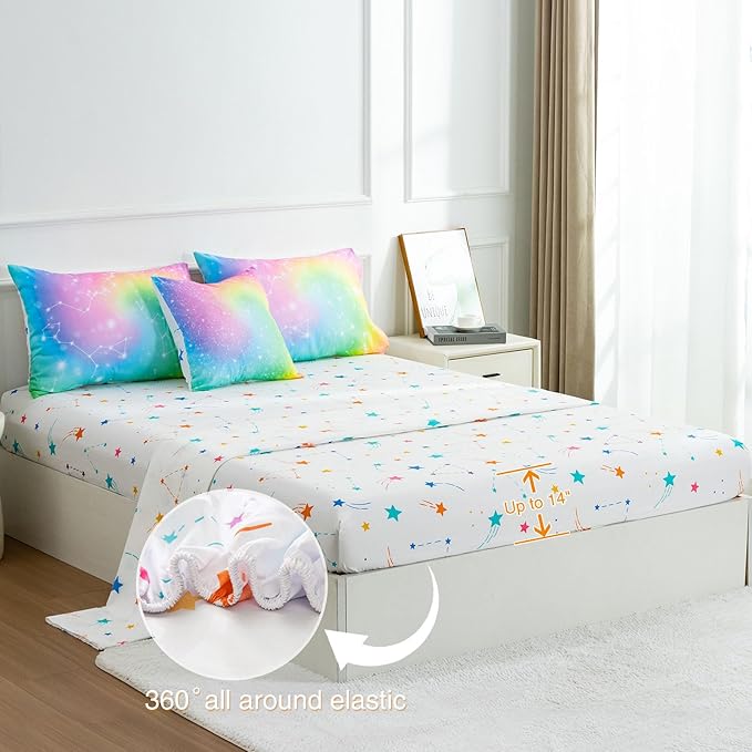 Btargot 6 Piece Tie Dye Constellation Comforter Set Bed in A Bag, Galaxy Rainbow Stars Pattern Bedding Set for Boys Girls Teen, Queen Multi
