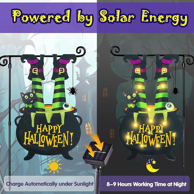 Halloween Lighted Garden Flag for Outside, Witch Feet Shape Flag Yard Decor, 8 Modes Double Sided Cauldron Eyeball Black Cat Outdoor Hlloween Decorations for Home Porch (Warm White-28x40)